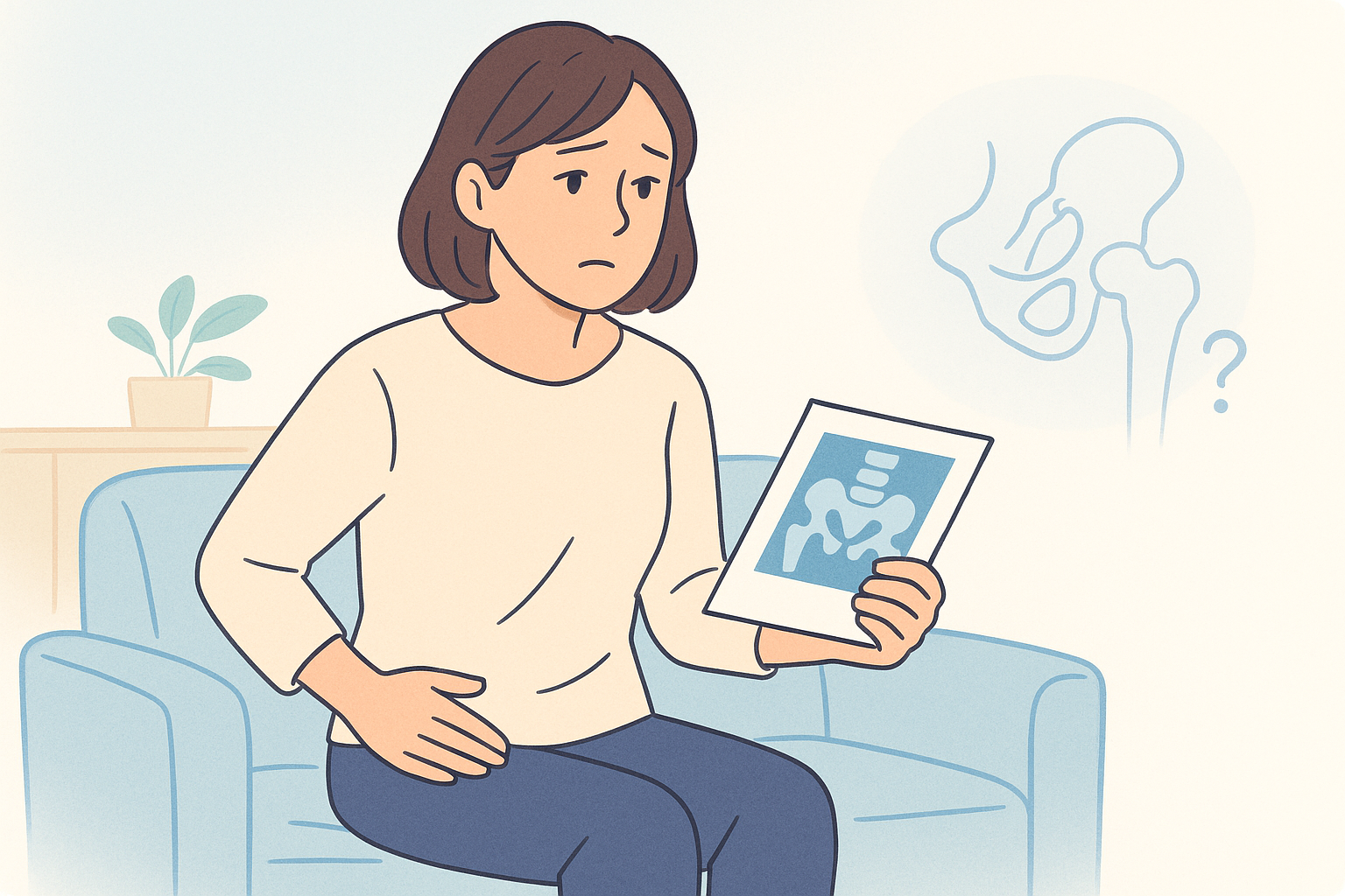 臼蓋形成不全と診断され、股関節を気にしながら説明資料を見つめる女性のイメージ