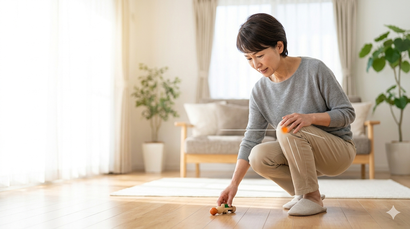 しゃがむと膝が痛い女性