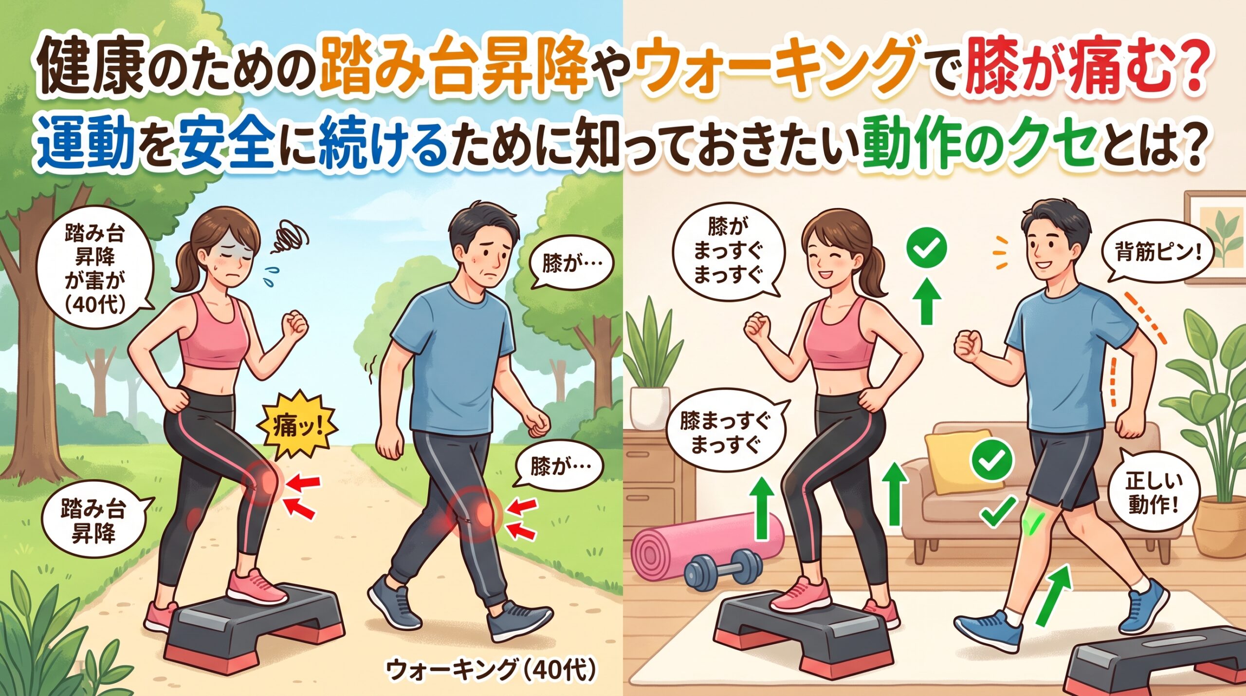 健康のための踏み台昇降やウォーキングで膝が痛む？運動を安全に続けるために知っておきたい動作のクセとは？